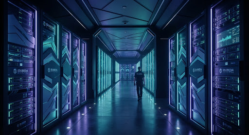 A futuristic data center corridor with glowing indigo and teal server racks representing secure infrastructure.
